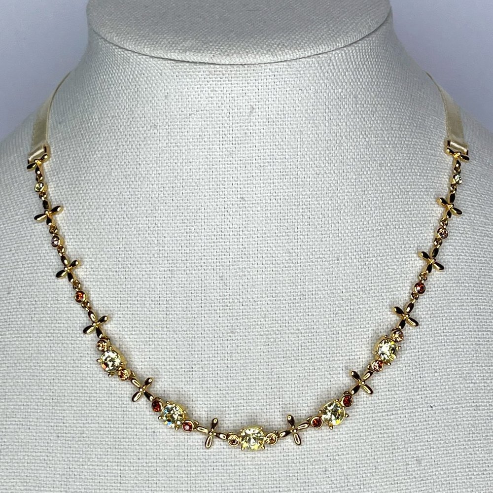 16" Multicolored Crystal, Goldtone, & Ribbon Necklace with Extender